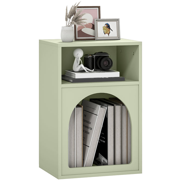 Mesa de Cabeceira Moderna Mesa de Cabeceira Estreita com 2 Compartimentos Abertos Desenho em Forma de Arco Mesa Auxiliar para Sala de Estar Quarto 40x30x60 cm Verde