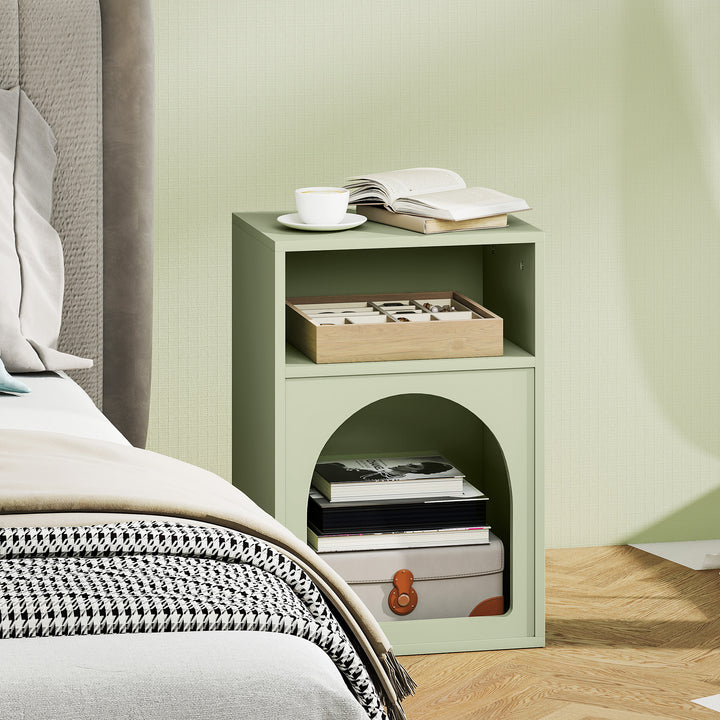 Mesa de Cabeceira Moderna Mesa de Cabeceira Estreita com 2 Compartimentos Abertos Desenho em Forma de Arco Mesa Auxiliar para Sala de Estar Quarto 40x30x60 cm Verde