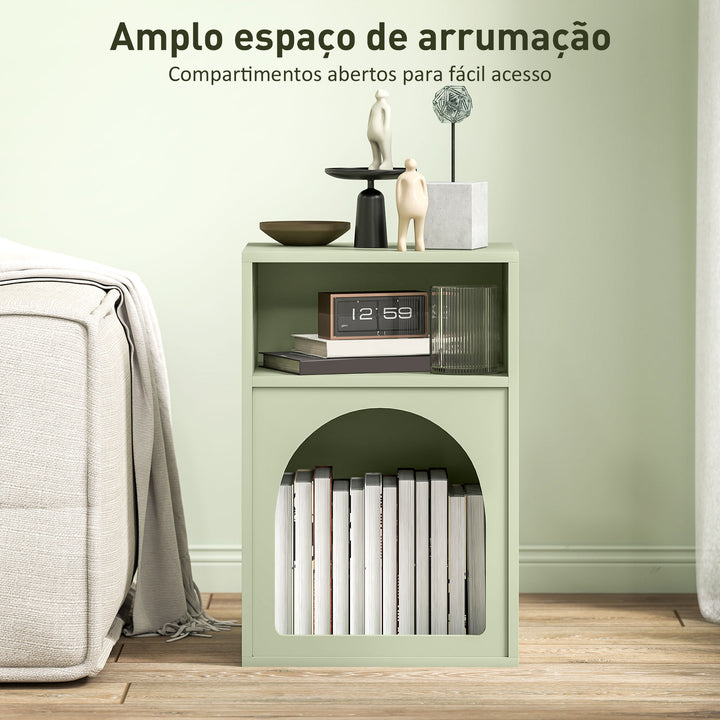 Mesa de Cabeceira Moderna Mesa de Cabeceira Estreita com 2 Compartimentos Abertos Desenho em Forma de Arco Mesa Auxiliar para Sala de Estar Quarto 40x30x60 cm Verde