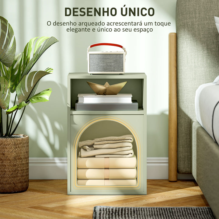 Mesa de Cabeceira Moderna Mesa de Cabeceira Estreita com 2 Compartimentos Abertos Desenho em Forma de Arco Mesa Auxiliar para Sala de Estar Quarto 40x30x60 cm Verde