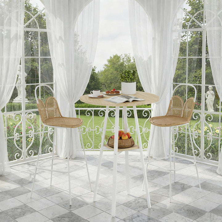 Mesa Alta de Cozinha Redonda com Prateleira de Armazenamento Mesa Alta de Bar Moderna para 2 Pessoas com Estrutura de Metal 55x55x95 cm Madeira e Branco