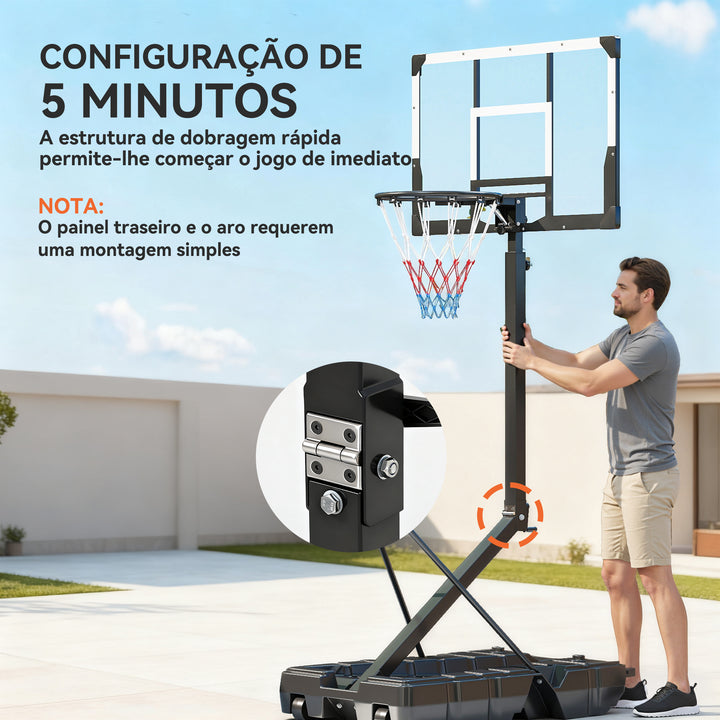 Tabela de Basquetebol para Exterior com Altura Ajustável 230-305 cm Portátil com Estrutura Dobrável Painel Inquebrável Rodas e Base Preenchível para Adolescentes e Adultos 120x70x300-375 cm Preto