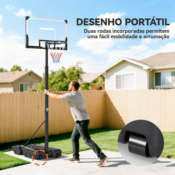 Tabela de Basquetebol para Exterior com Altura Ajustável 230-305 cm Portátil com Estrutura Dobrável Painel Inquebrável Rodas e Base Preenchível para Adolescentes e Adultos 120x70x300-375 cm Preto