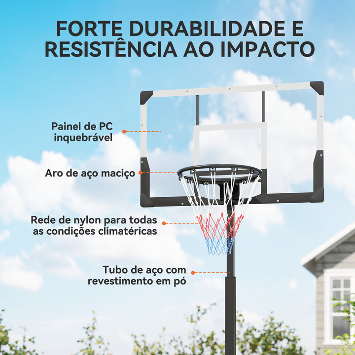 Tabela de Basquetebol para Exterior com Altura Ajustável 230-305 cm Portátil com Estrutura Dobrável Painel Inquebrável Rodas e Base Preenchível para Adolescentes e Adultos 120x70x300-375 cm Preto