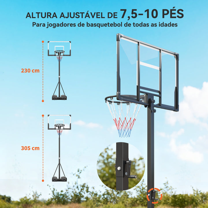 Tabela de Basquetebol para Exterior com Altura Ajustável 230-305 cm Portátil com Estrutura Dobrável Painel Inquebrável Rodas e Base Preenchível para Adolescentes e Adultos 120x70x300-375 cm Preto