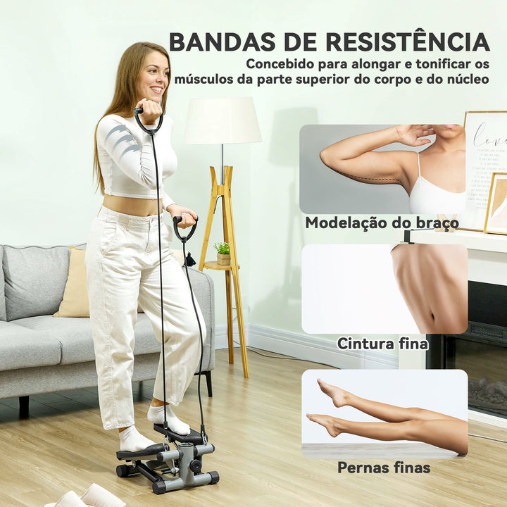 Mini Step para Exercício em Casa Máquina de Step Compacta com Bandas de Resistência Monitor LCD Pedais Antiderrapantes e Ajustáveis em Altura para Treino do Corpo 41x30,5x18,5 cm Cinza