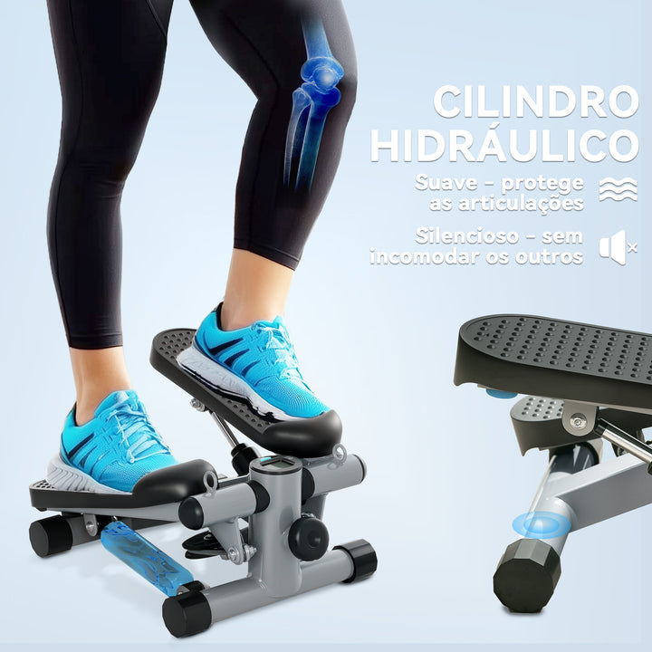Mini Step para Exercício em Casa Máquina de Step Compacta com Bandas de Resistência Monitor LCD Pedais Antiderrapantes e Ajustáveis em Altura para Treino do Corpo 41x30,5x18,5 cm Cinza