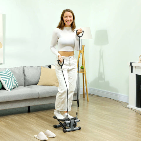 Mini Step para Exercício em Casa Máquina de Step Compacta com Bandas de Resistência Monitor LCD Pedais Antiderrapantes e Ajustáveis em Altura para Treino do Corpo 41x30,5x18,5 cm Cinza