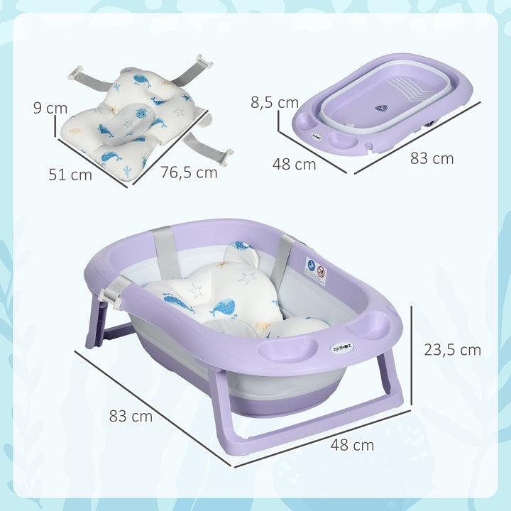 Banheira para Bebé Recém Nascido Dobrável 40L com Almofada Pés Antiderrapantes Orifício de Drenagem e Suporte para Duche 83x48x23,5 cm Roxo