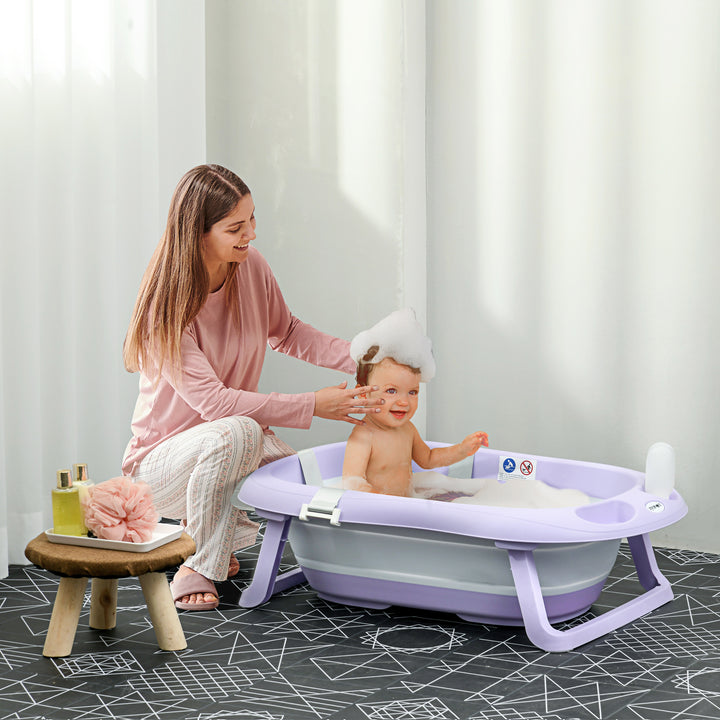 Banheira para Bebé Recém Nascido Dobrável 40L com Almofada Pés Antiderrapantes Orifício de Drenagem e Suporte para Duche 83x48x23,5 cm Roxo