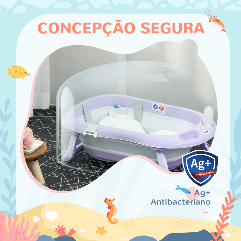 Banheira para Bebé Recém Nascido Dobrável 40L com Almofada Pés Antiderrapantes Orifício de Drenagem e Suporte para Duche 83x48x23,5 cm Roxo