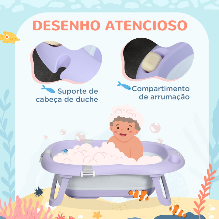 Banheira para Bebé Recém Nascido Dobrável 40L com Almofada Pés Antiderrapantes Orifício de Drenagem e Suporte para Duche 83x48x23,5 cm Roxo