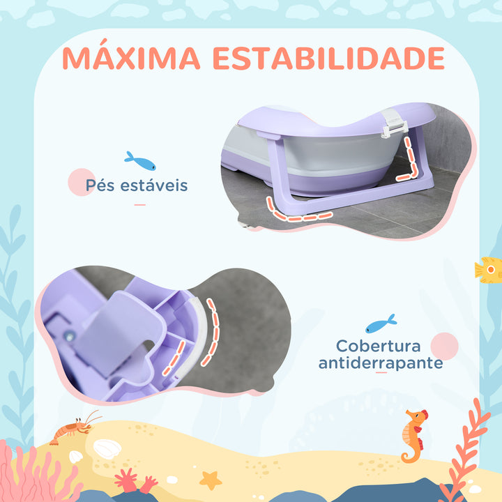 Banheira para Bebé Recém Nascido Dobrável 40L com Almofada Pés Antiderrapantes Orifício de Drenagem e Suporte para Duche 83x48x23,5 cm Roxo