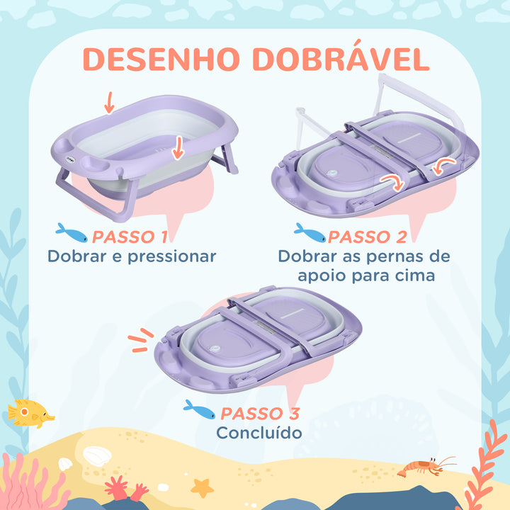 Banheira para Bebé Recém Nascido Dobrável 40L com Almofada Pés Antiderrapantes Orifício de Drenagem e Suporte para Duche 83x48x23,5 cm Roxo