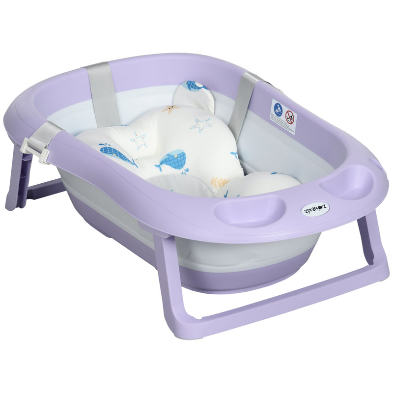 Banheira para Bebé Recém Nascido Dobrável 40L com Almofada Pés Antiderrapantes Orifício de Drenagem e Suporte para Duche 83x48x23,5 cm Roxo