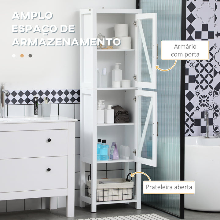 Coluna Casa de Banho Armário Alto Casa de Banho com 2 Portas de Vidro Prateleiras Ajustáveis e Prateleira de Armazenamento 45x30x170 cm Branco