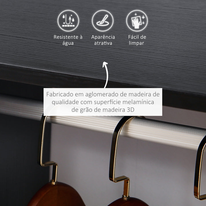 Roupeiro de Madeira Móvel Armário Roupeiro Aberto com Barra para Pendurar e Prateleiras Organizadoras para Dormitório 60x40x128 cm Preto