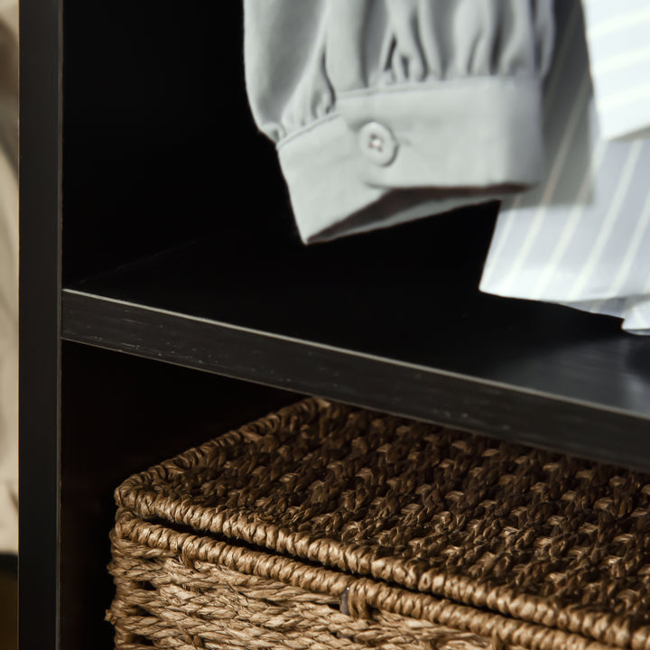 Roupeiro de Madeira Móvel Armário Roupeiro Aberto com Barra para Pendurar e Prateleiras Organizadoras para Dormitório 60x40x128 cm Preto