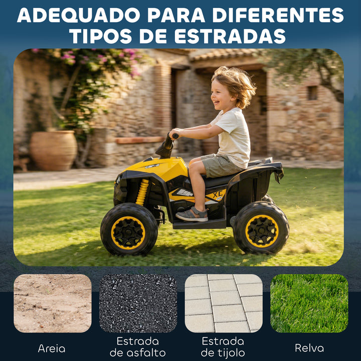 Quadriciclo Elétrico para Crianças de 3-5 Anos Veículo Eléctrico a Bateria 12V com 2 Motores Farol Música Velocidade Ajustável Avançar e Retroceder 83x53x55, 5cm Amarelo