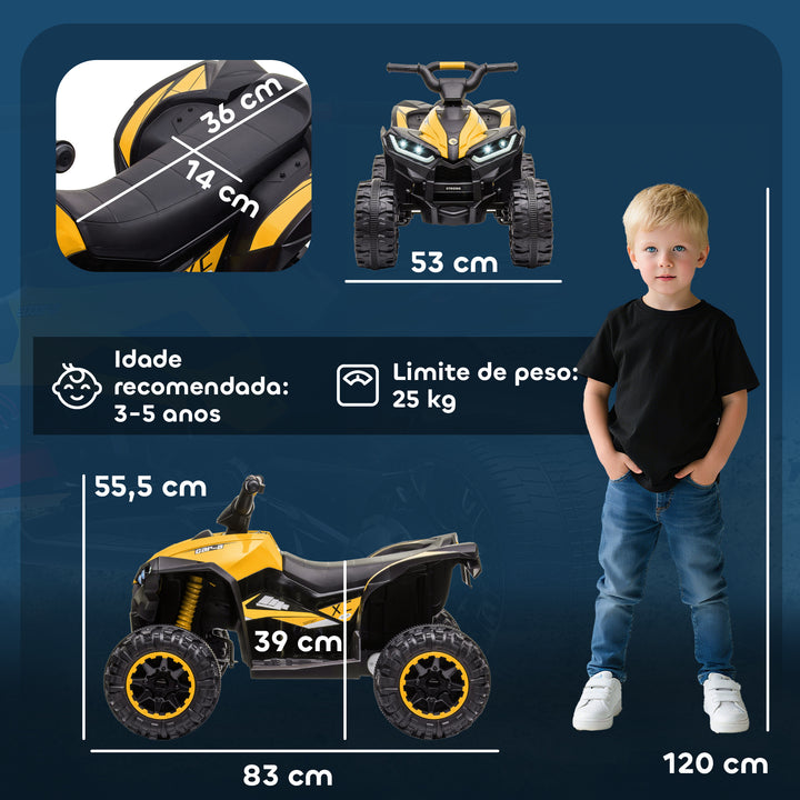 Quadriciclo Elétrico para Crianças de 3-5 Anos Veículo Eléctrico a Bateria 12V com 2 Motores Farol Música Velocidade Ajustável Avançar e Retroceder 83x53x55, 5cm Amarelo