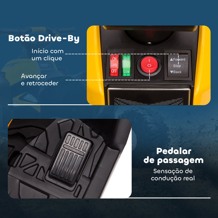 Quadriciclo Elétrico para Crianças de 3-5 Anos Veículo Eléctrico a Bateria 12V com 2 Motores Farol Música Velocidade Ajustável Avançar e Retroceder 83x53x55, 5cm Amarelo