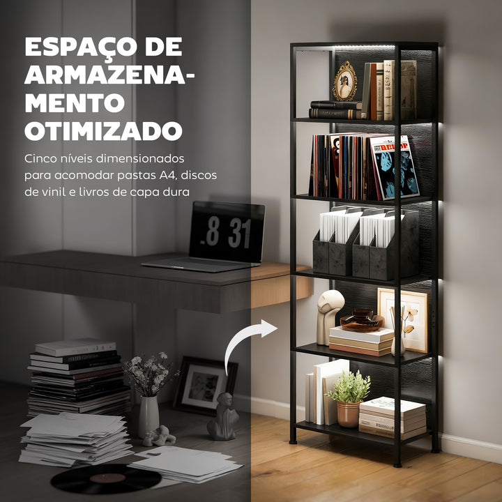 Estante de 5 Níveis com Luzes LED de 7 Cores Estante para Livros 60x30x179 cm Estante Industrial com Estrutura de Aço para Sala Quarto Escritório Preto