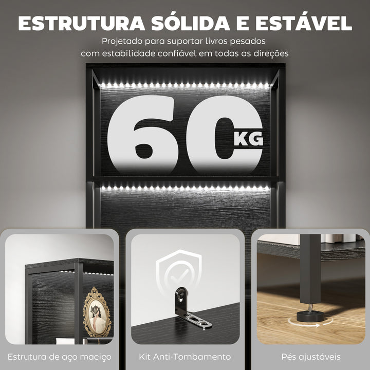 Estante de 5 Níveis com Luzes LED de 7 Cores Estante para Livros 60x30x179 cm Estante Industrial com Estrutura de Aço para Sala Quarto Escritório Preto