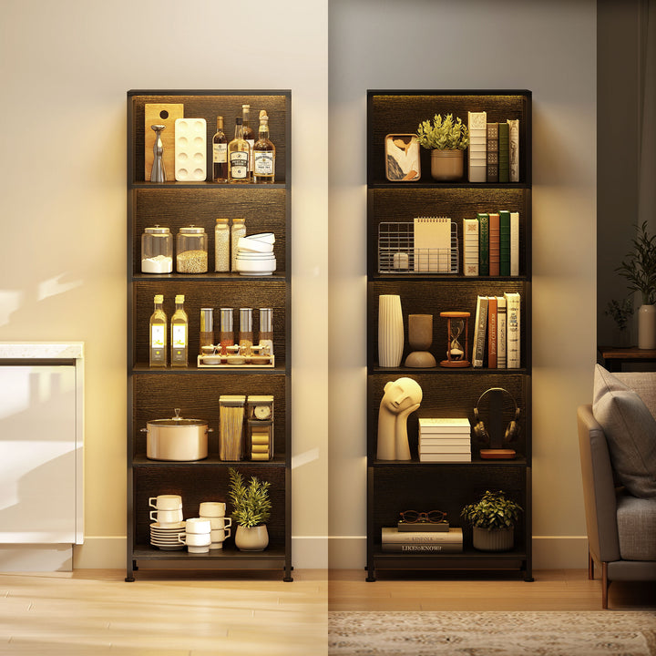 Estante de 5 Níveis com Luzes LED de 7 Cores Estante para Livros 60x30x179 cm Estante Industrial com Estrutura de Aço para Sala Quarto Escritório Preto