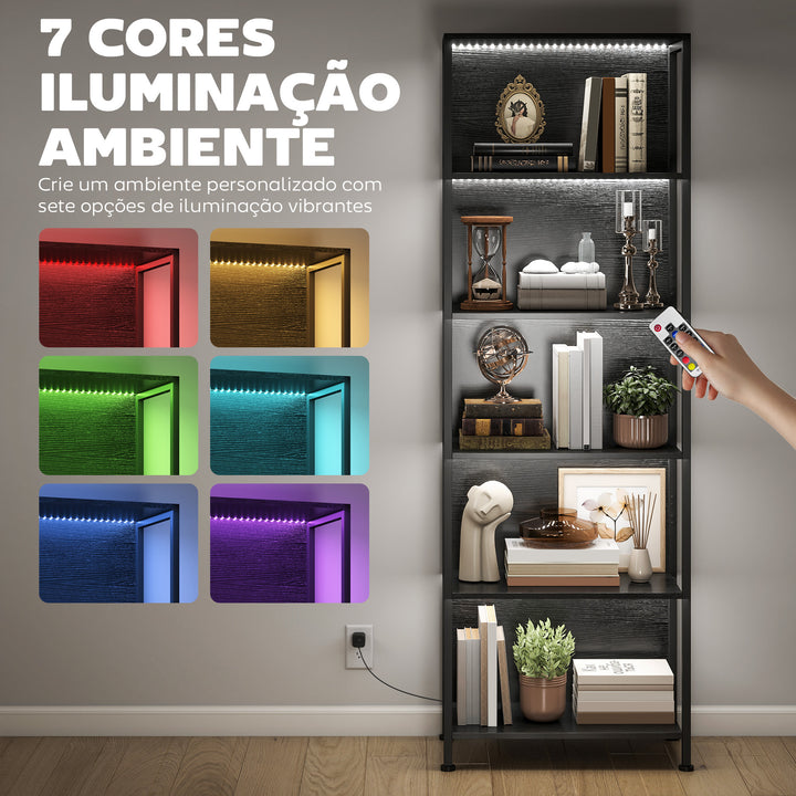 Estante de 5 Níveis com Luzes LED de 7 Cores Estante para Livros 60x30x179 cm Estante Industrial com Estrutura de Aço para Sala Quarto Escritório Preto