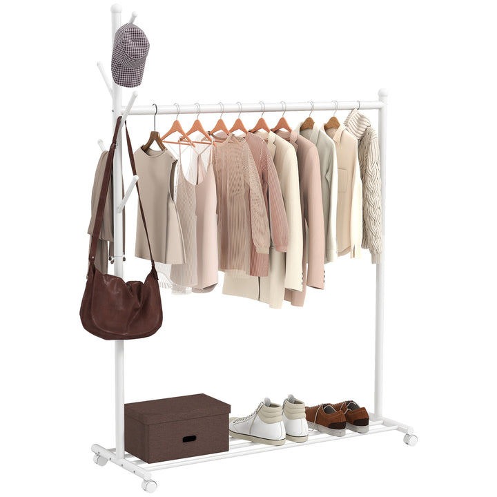 Charriot com Rodas Charriot com 5 Ganchos Barra para Pendurar e Prateleira Inferior Charriot para Dormitório Lavandaria 120x43x171 cm Branco