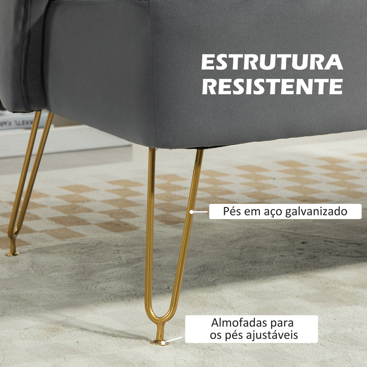 Sofá de 2 Lugares Estofado em Veludo Sofá Sala de Estar com 2 Almofadas Apoio para o Braço e Pés de Aço Dourado Sofá Pequeno Carga 240 kg para Dormitório Escritório 124x69x76 cm Cinza