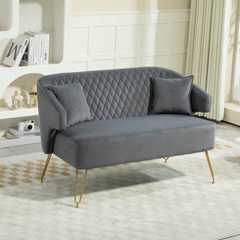 Sofá de 2 Lugares Estofado em Veludo Sofá Sala de Estar com 2 Almofadas Apoio para o Braço e Pés de Aço Dourado Sofá Pequeno Carga 240 kg para Dormitório Escritório 124x69x76 cm Cinza