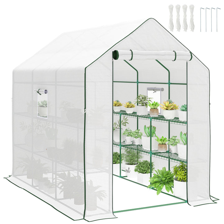 Estufa de Jardim de 3 Níveis Estufa de Exterior com 12 Prateleiras Porta Enrolável Janelas Anti-UV Cobertura de PE 135g/m² para Cultivos Plantas Flores 140x213x190 cm Branco