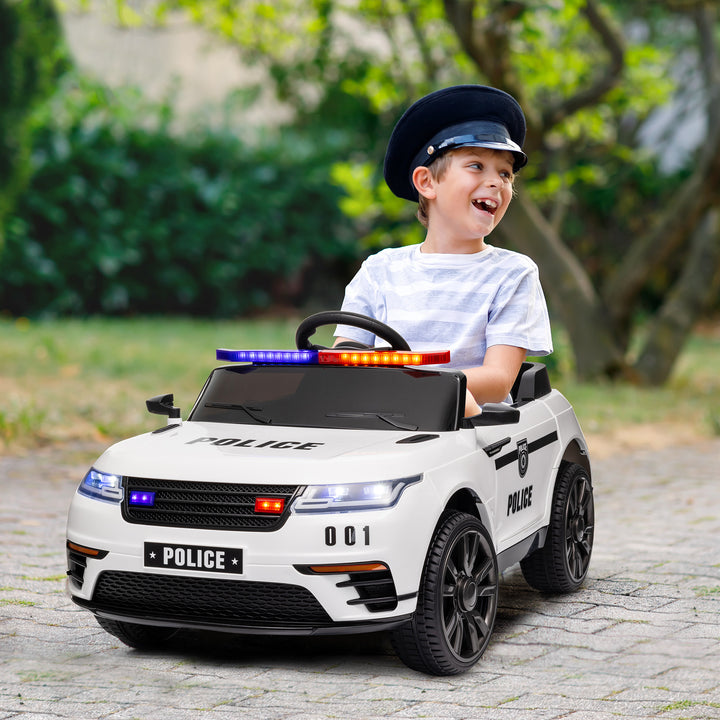 Carro Elétrico para Crianças acima de 3 Anos Carro Elétrico Infantil de Policia com Bateria 12V Controlo Remoto Farol Buzina Sirene Música e Roda de Treino 112x66x50 cm Branco