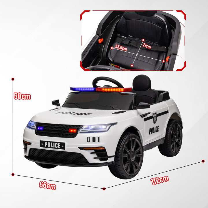 Carro Elétrico para Crianças acima de 3 Anos Carro Elétrico Infantil de Policia com Bateria 12V Controlo Remoto Farol Buzina Sirene Música e Roda de Treino 112x66x50 cm Branco