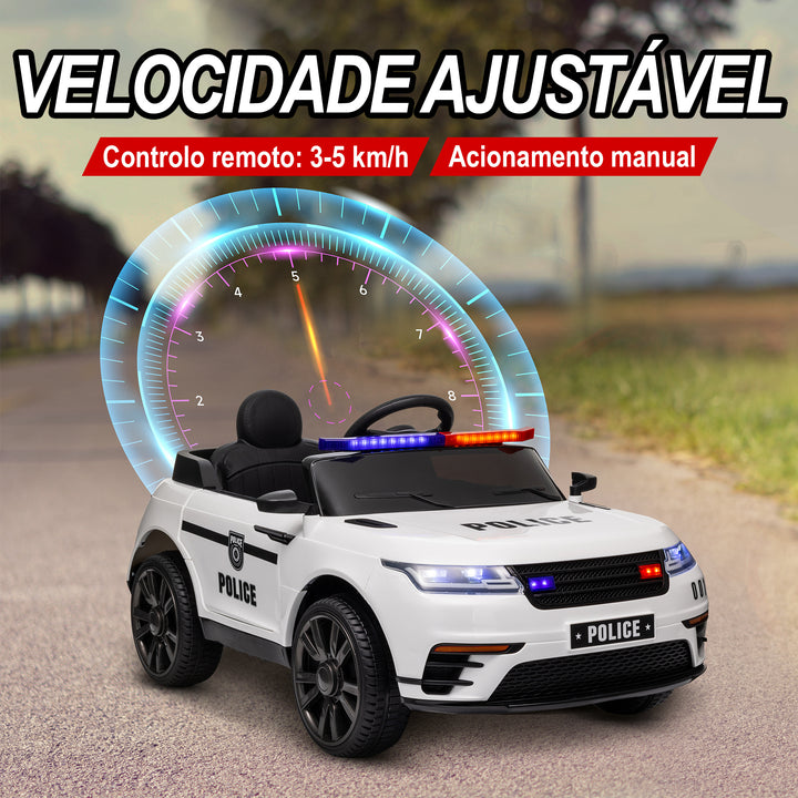 Carro Elétrico para Crianças acima de 3 Anos Carro Elétrico Infantil de Policia com Bateria 12V Controlo Remoto Farol Buzina Sirene Música e Roda de Treino 112x66x50 cm Branco