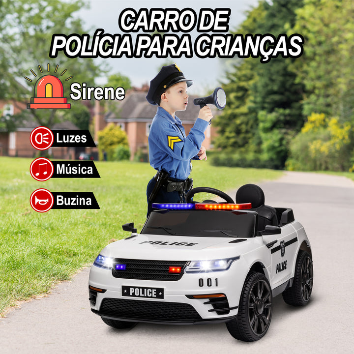 Carro Elétrico para Crianças acima de 3 Anos Carro Elétrico Infantil de Policia com Bateria 12V Controlo Remoto Farol Buzina Sirene Música e Roda de Treino 112x66x50 cm Branco