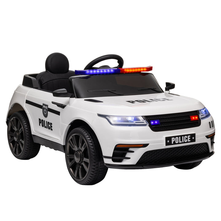 Carro Elétrico para Crianças acima de 3 Anos Carro Elétrico Infantil de Policia com Bateria 12V Controlo Remoto Farol Buzina Sirene Música e Roda de Treino 112x66x50 cm Branco