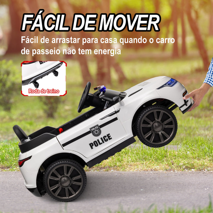 Carro Elétrico para Crianças acima de 3 Anos Carro Elétrico Infantil de Policia com Bateria 12V Controlo Remoto Farol Buzina Sirene Música e Roda de Treino 112x66x50 cm Branco