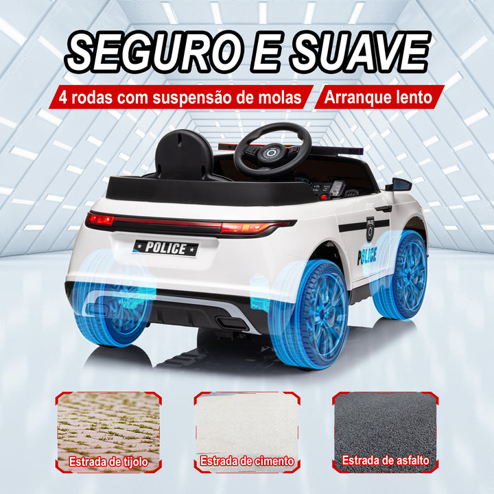 Carro Elétrico para Crianças acima de 3 Anos Carro Elétrico Infantil de Policia com Bateria 12V Controlo Remoto Farol Buzina Sirene Música e Roda de Treino 112x66x50 cm Branco