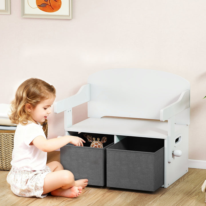 Banco para Crianças Conversível 3 em 1 Conjunto de Mesa e Cadeira Baú de Brinquedos com Cubos de Tecido Removíveis Banco de Armazenamento Móvel Multifuncional para Crianças 3-6 Anos Branco