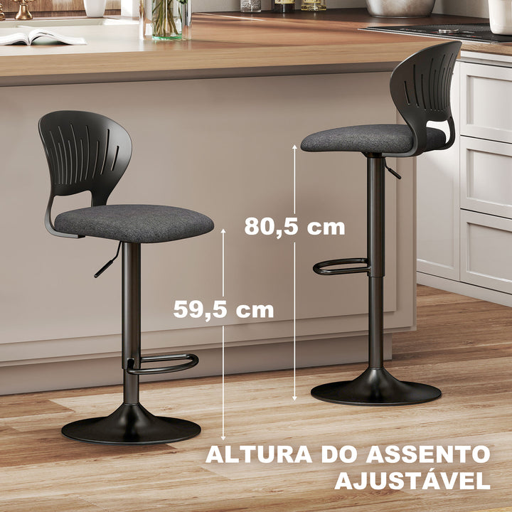 Conjunto de 2 Bancos Altos de Cozinha Giratórios a 360° Bancos de Bar Reguláveis em Altura de 84-105 cm Encosto Oco Apoio para os Pés para Sala de Jantar Balcão 40,5x43x84-105 cm Preto