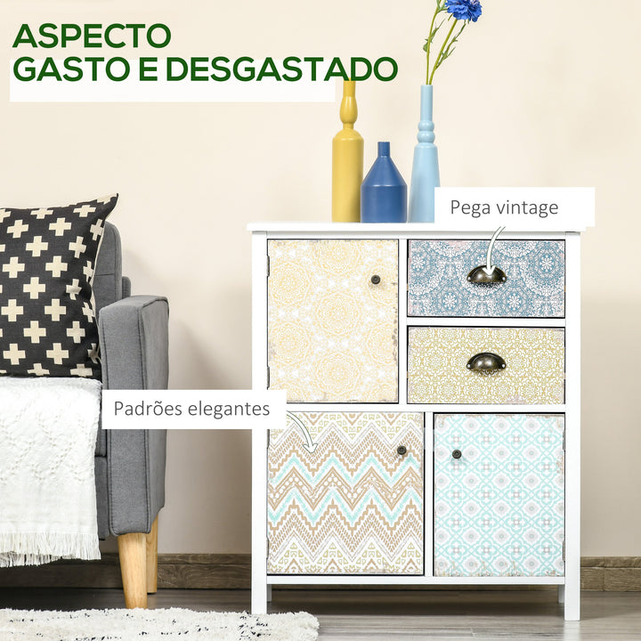 Cómoda com 2 Gavetas Cómoda para Dormitório Estilo Boémio com 3 Compartimentos Desenho Anti-Tombo para Sala de Estar Corredor 68x34x80 cm Multicor