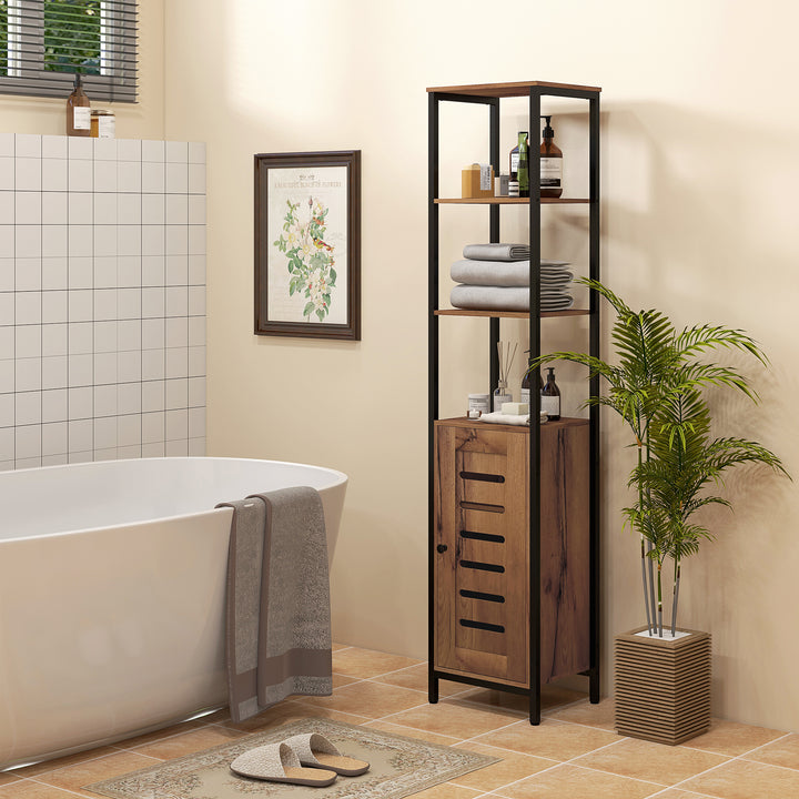 Coluna Casa de Banho Armário Alto Casa de Banho Estreito com Porta de Ripas Prateleiras Ajustáveis Compartimentos Abertos Estrutura de Aço 37x30x167 cm Castanho Rústico