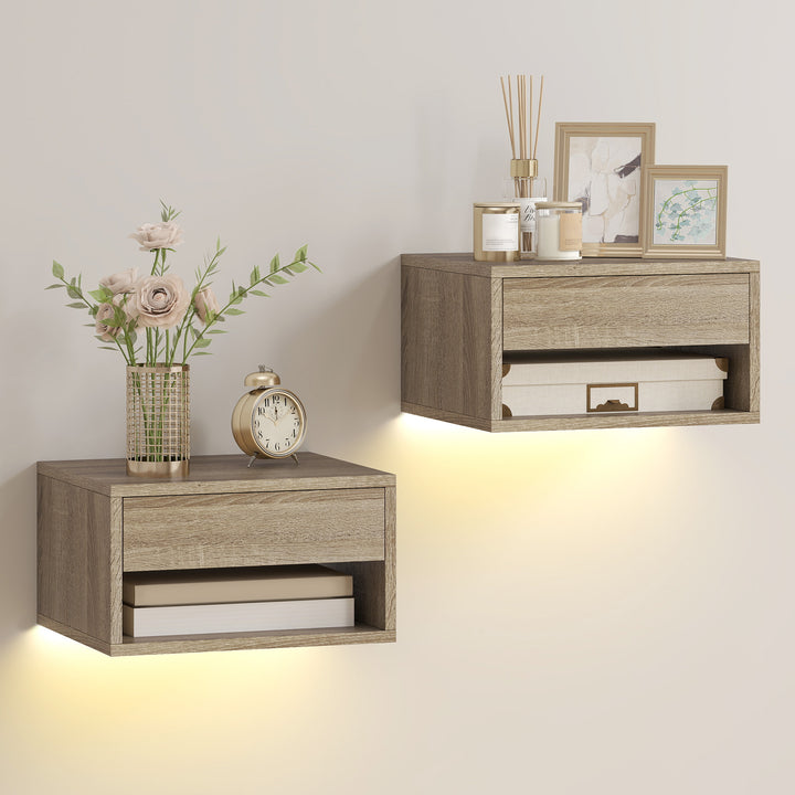 Conjunto de 2 Mesas de Cabeceira Flutuantes com Luzes LED RGB Controlo por APP Mesas de Cabeceira para Quarto com Gaveta Prateleira Aberta 37x32x21 cm Madeira
