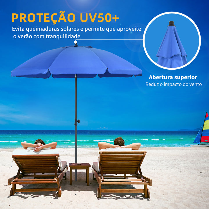Chapéu de Sol de Praia Grande Ø180 cm Chapéu de Sol de Exterior com Ângulo Ajustável Proteção UV50+ Inpermeável Mastro de Ø32 mm Azul
