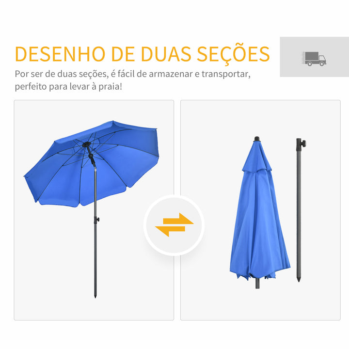Chapéu de Sol de Praia Grande Ø180 cm Chapéu de Sol de Exterior com Ângulo Ajustável Proteção UV50+ Inpermeável Mastro de Ø32 mm Azul