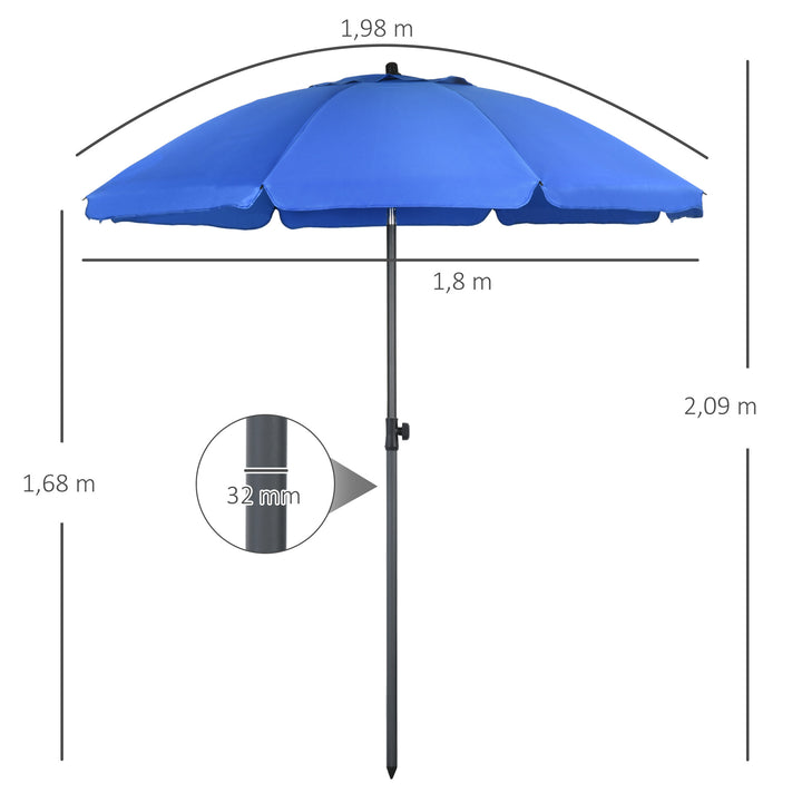 Chapéu de Sol de Praia Grande Ø180 cm Chapéu de Sol de Exterior com Ângulo Ajustável Proteção UV50+ Inpermeável Mastro de Ø32 mm Azul