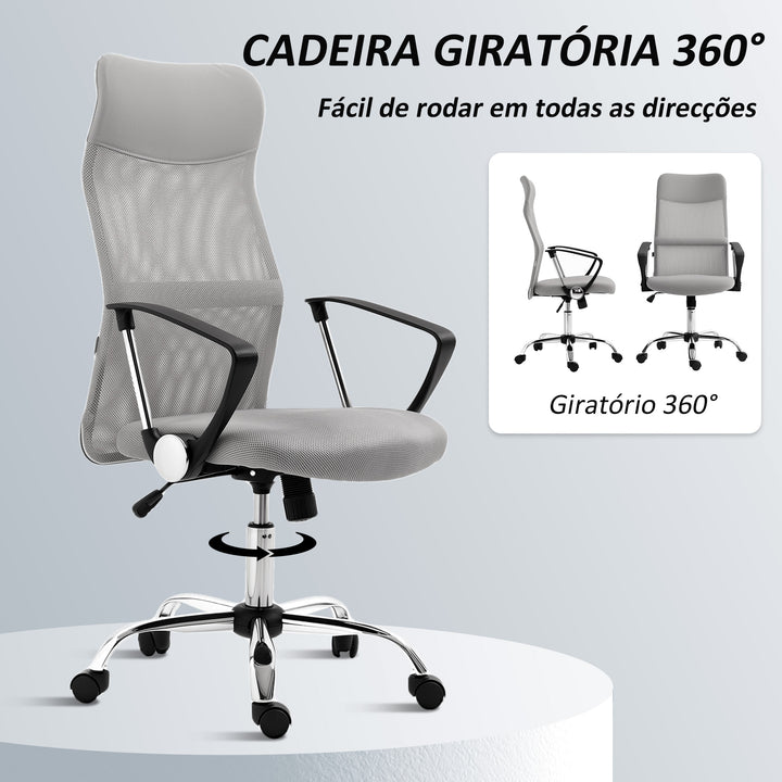 Cadeira de Escritório Cadeira de Secretária de Tecido de Malha Encosto para a Cabeça de PU Mecanismo de Inclinação de Encosto Alto Carga de 120 kg 63x65x109-119 cm Cinza