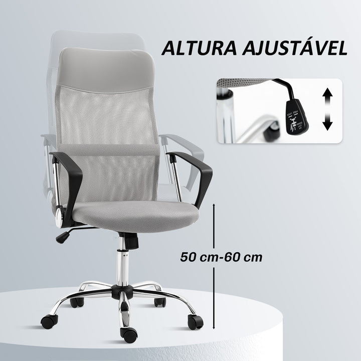 Cadeira de Escritório Cadeira de Secretária de Tecido de Malha Encosto para a Cabeça de PU Mecanismo de Inclinação de Encosto Alto Carga de 120 kg 63x65x109-119 cm Cinza